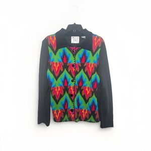 VTG Michael Simon Cardigan Sweater Flames Fire Abstract Art Size S Jewel Buttons